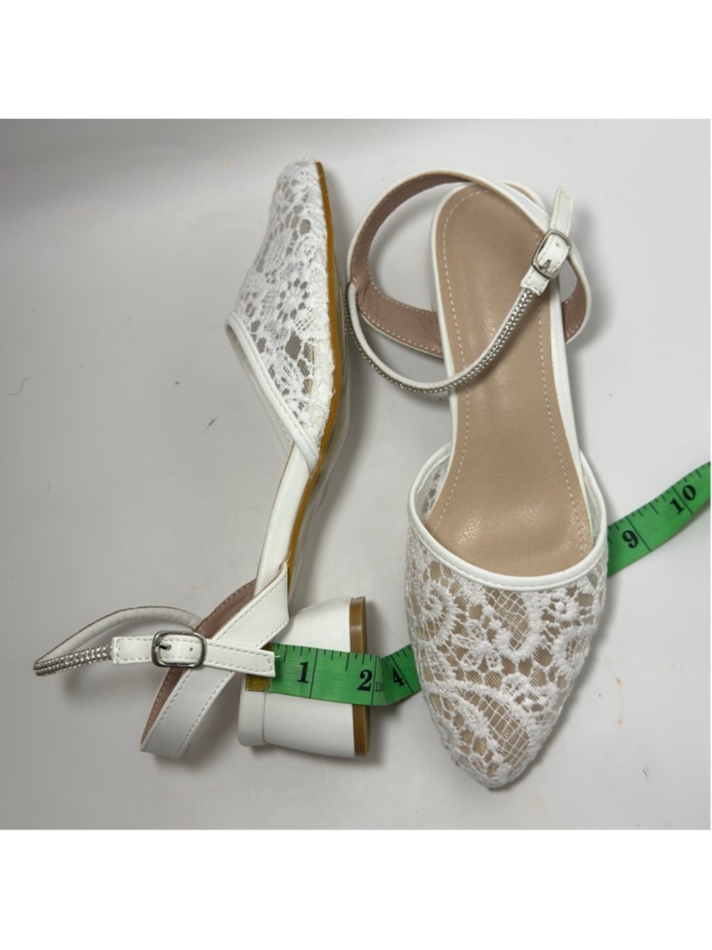 White Lace Low Block Heel Ankle Strap Wedding Shoe Sandals Size 40 - Picture 6 of 10